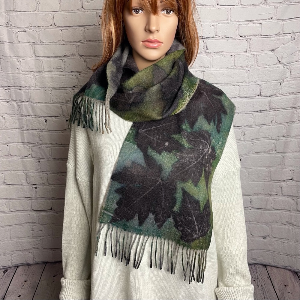 Wool Scarf Hand Dyed Eco Print Green Brown Leaves Made in Italy